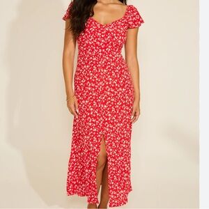 FLORAL SHORT SLEEVE FRONT SLIT MIDI DRESS